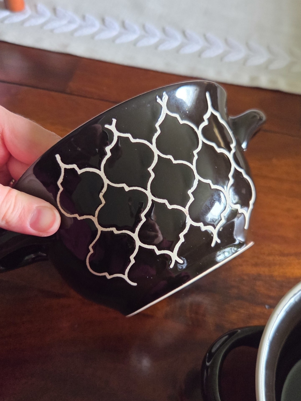 Crockpot Brand Black Decorative Ceramic Serving Bowl with White Lattice Pattern